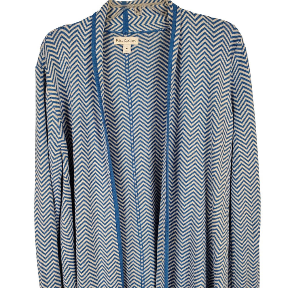 Kim Rogers Womens XL Chevron Cardigan Blue White Cotton Blend Preppy Classic